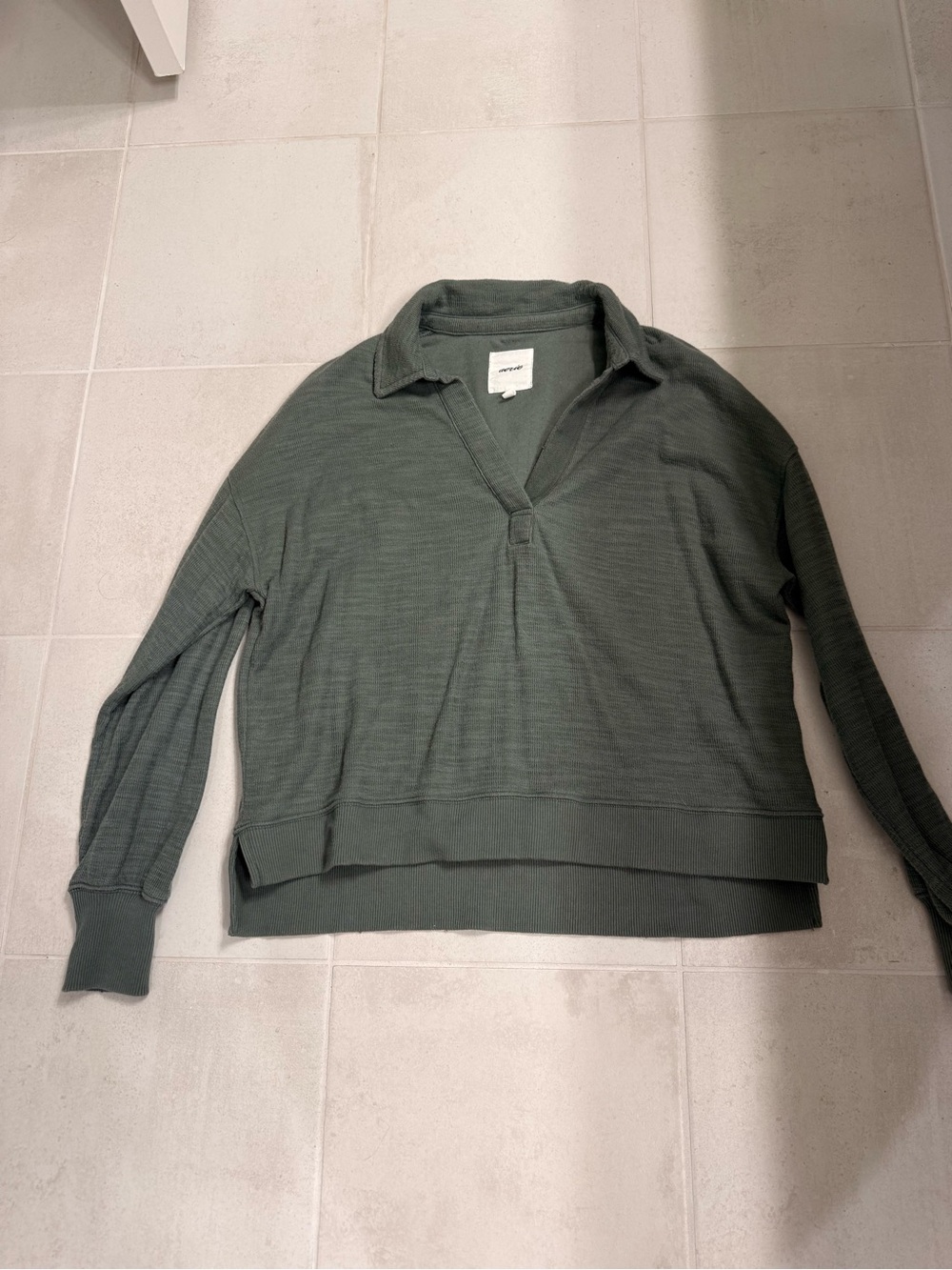aerie Olive Green V-Neck Waffle Pullover Sweater